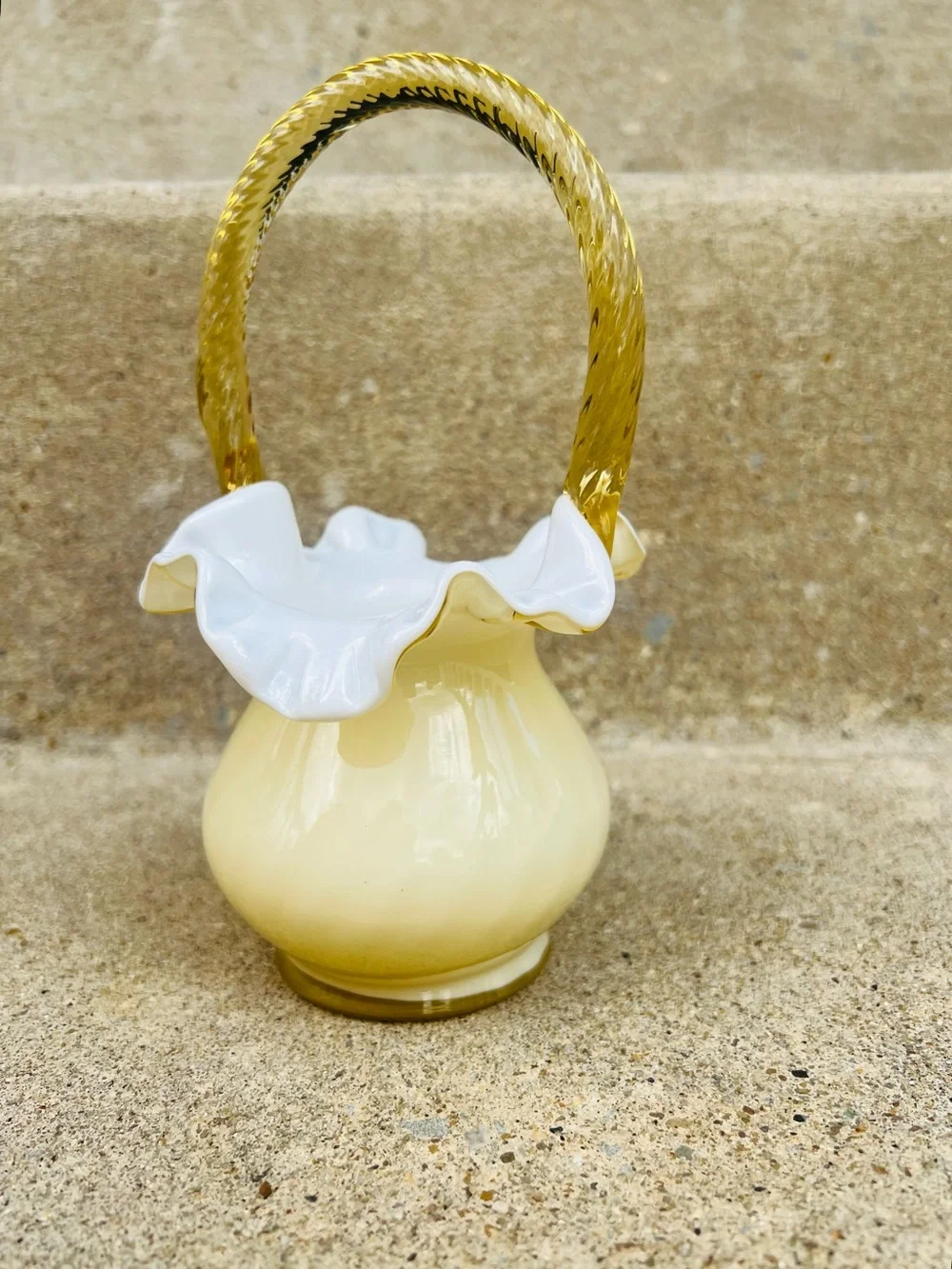 1980s Fenton Candleglow Yellow Ivory Crest Art Glass Basket
